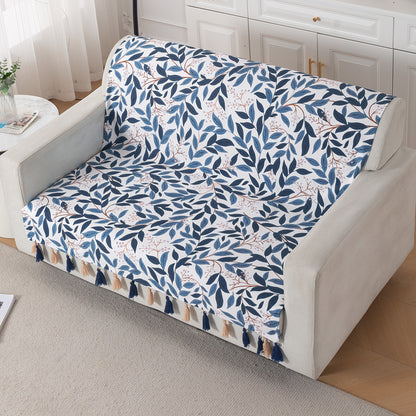 'Whispers of Nature' Series Holland Velvet Sofa Cover with Tassel, Indigo Foliage
