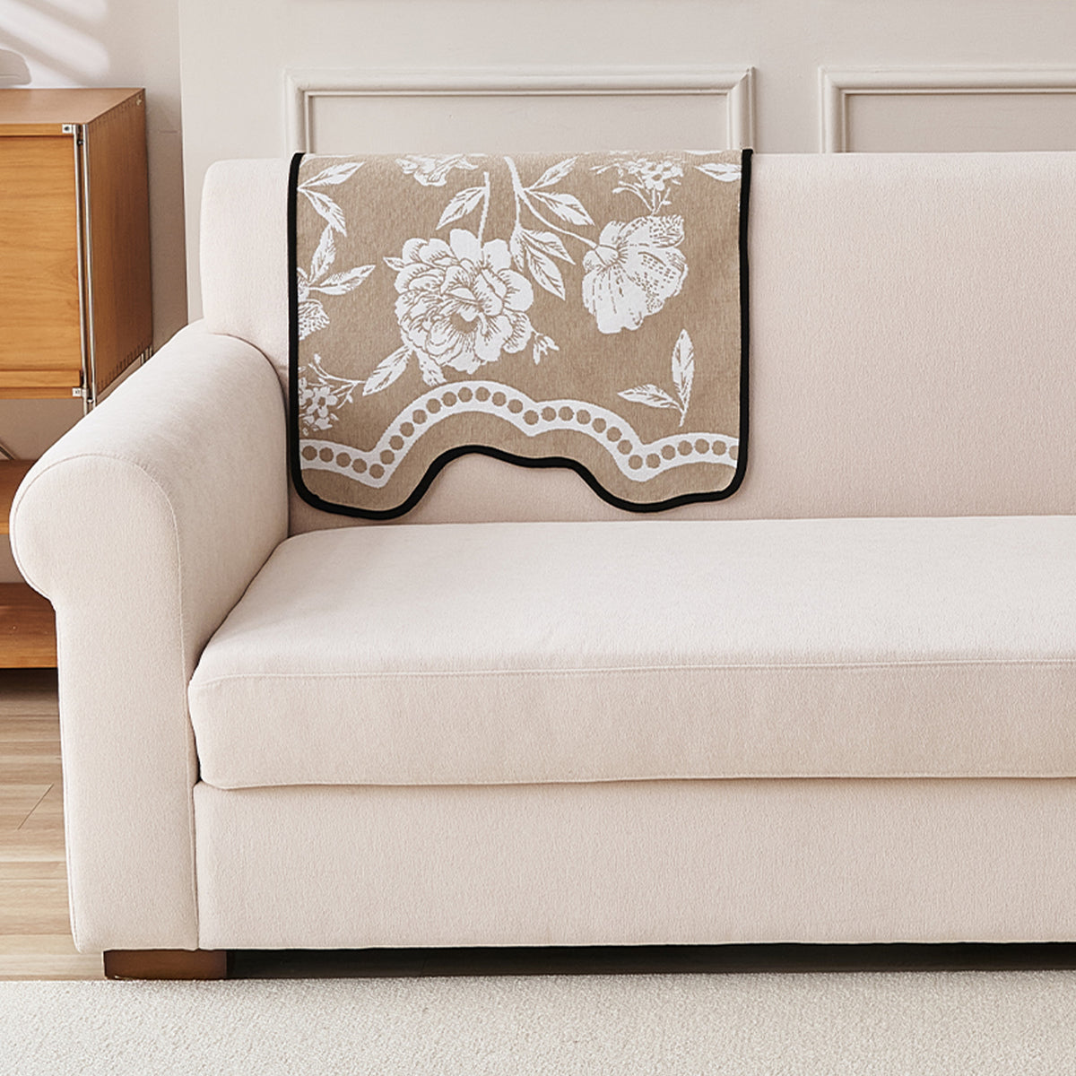 Chenille Sofa Cover Mat with Curvy Edges, 'Retro Curves Series' Sofa Mat, Sand Beige