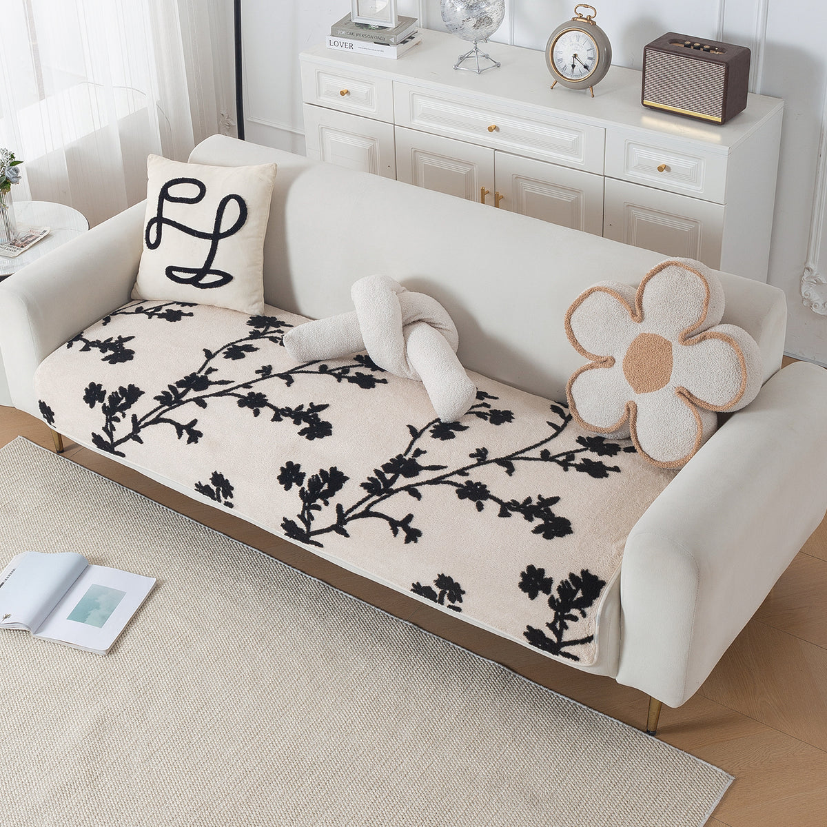 Luxury Plush Sherpa Anti-Slip Sofa Cover Mat, 'Noirea Series'| Botanical Vine