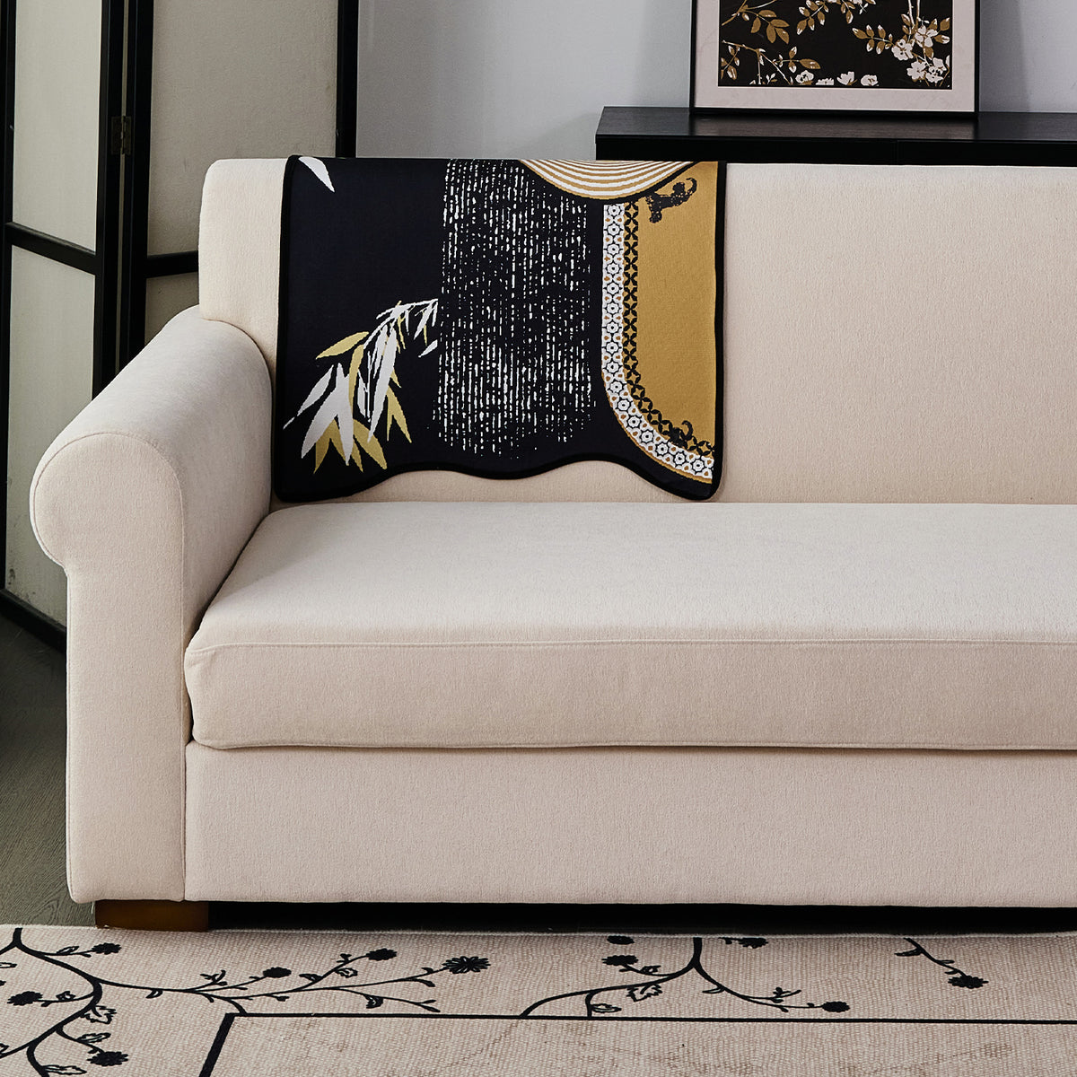 Arcea Chenille With Curved Edges Sofa Cover Mat, Mustard Gold Tribal