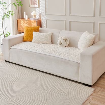 'Italian Caelora' Luxury Jacquard Plush Sofa Cover Mat and Anti-Slip Armrest Covers - Pearl Whit