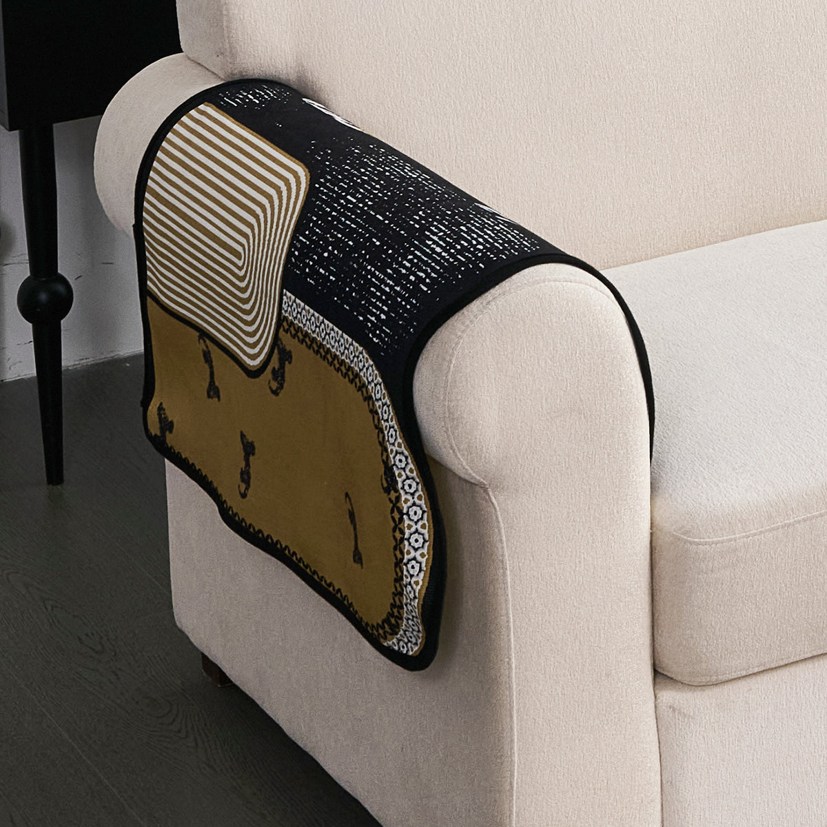 Arcea Chenille With Curved Edges Sofa Cover Mat, Mustard Gold Tribal