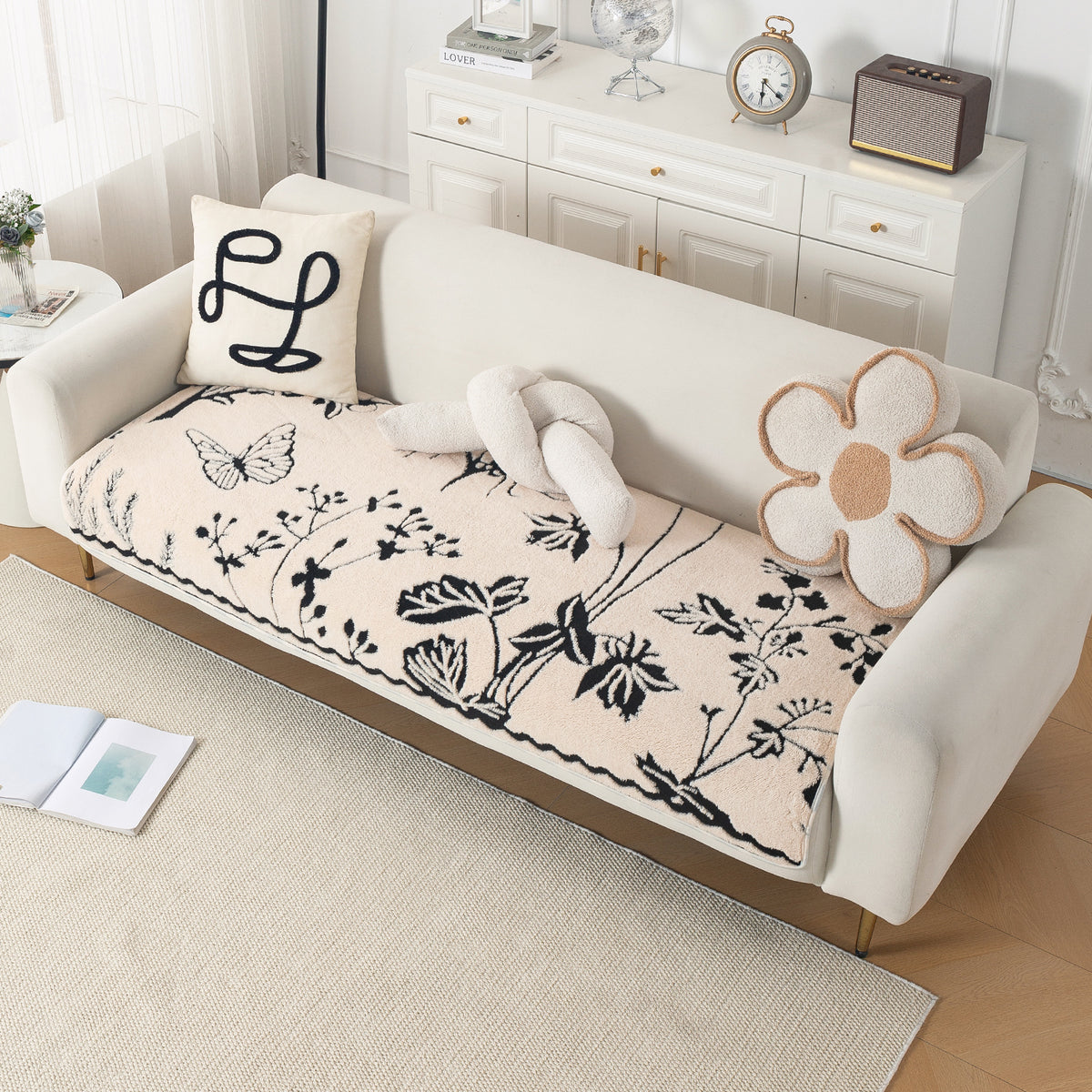 Luxury Plush Sherpa Anti-Slip Sofa Cover Mat, 'Noirea Series'| Butterfly Garden