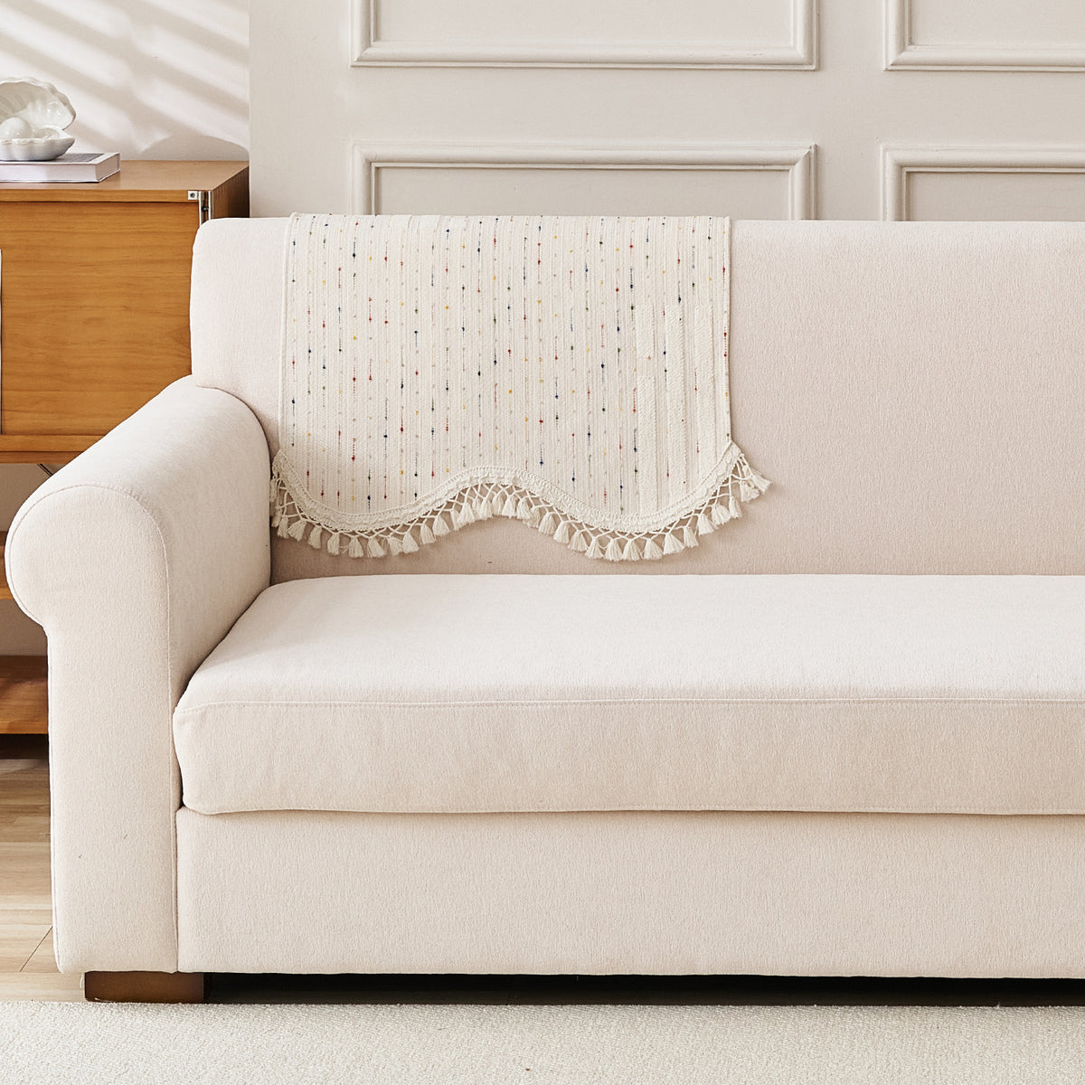 DreamWave Chenille with Tassels Sofa Cover Mat, Latte Beige