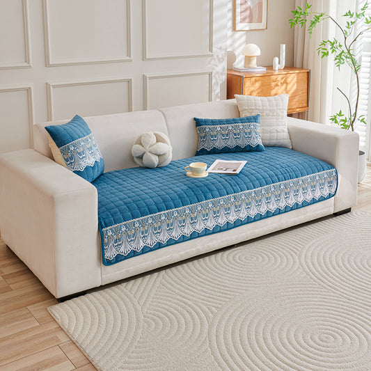 BelleLace Series Imperial Milk Velvet Sofa Cover Mat with Lace Design - Celdaon Blue