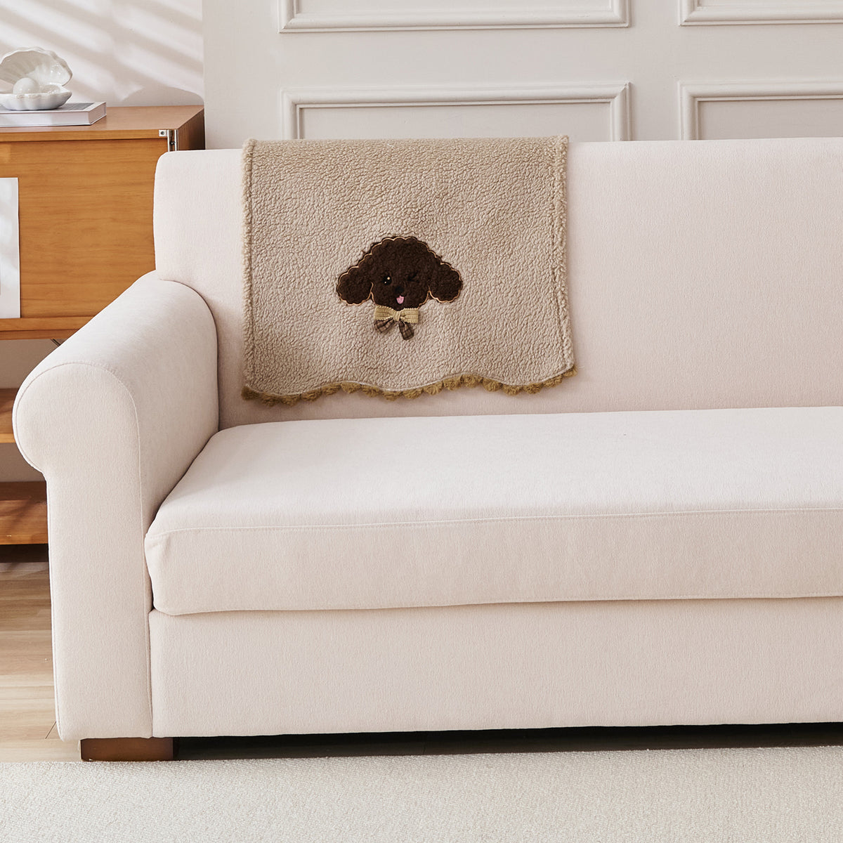 CloudHug Plush Sofa Cover Mat with PomPom and Wavy Edges, Vanilla Latte