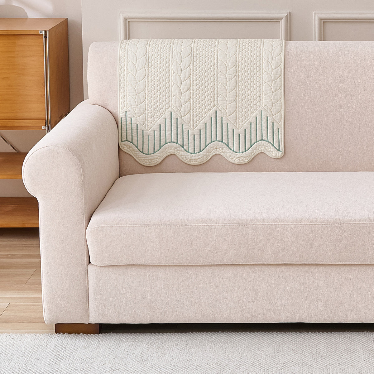 Cotton Reverie with a Curved Wavy Edge Sofa Mat, Greenish Cream