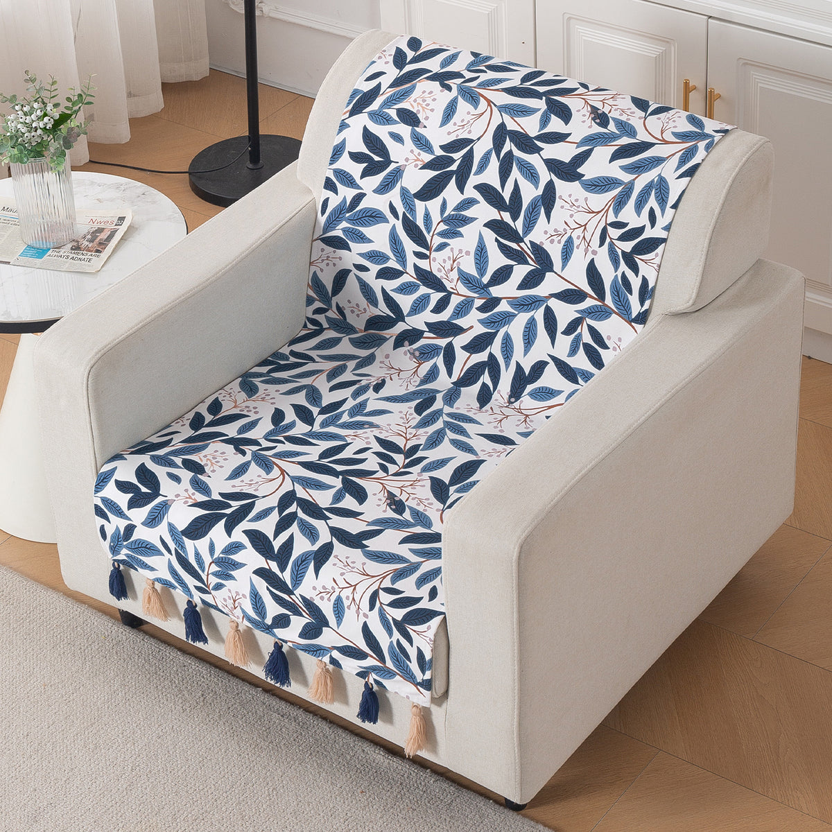 'Whispers of Nature' Series Holland Velvet Sofa Cover with Tassel, Indigo Foliage