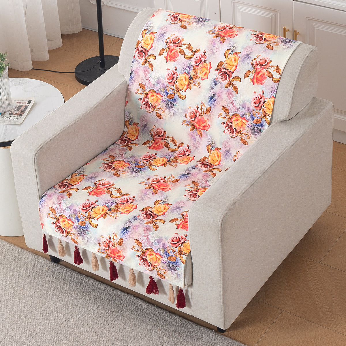 'Whispers of Nature' Series Holland Velvet Sofa Cover with Tassel, Vintage Rose Bloom
