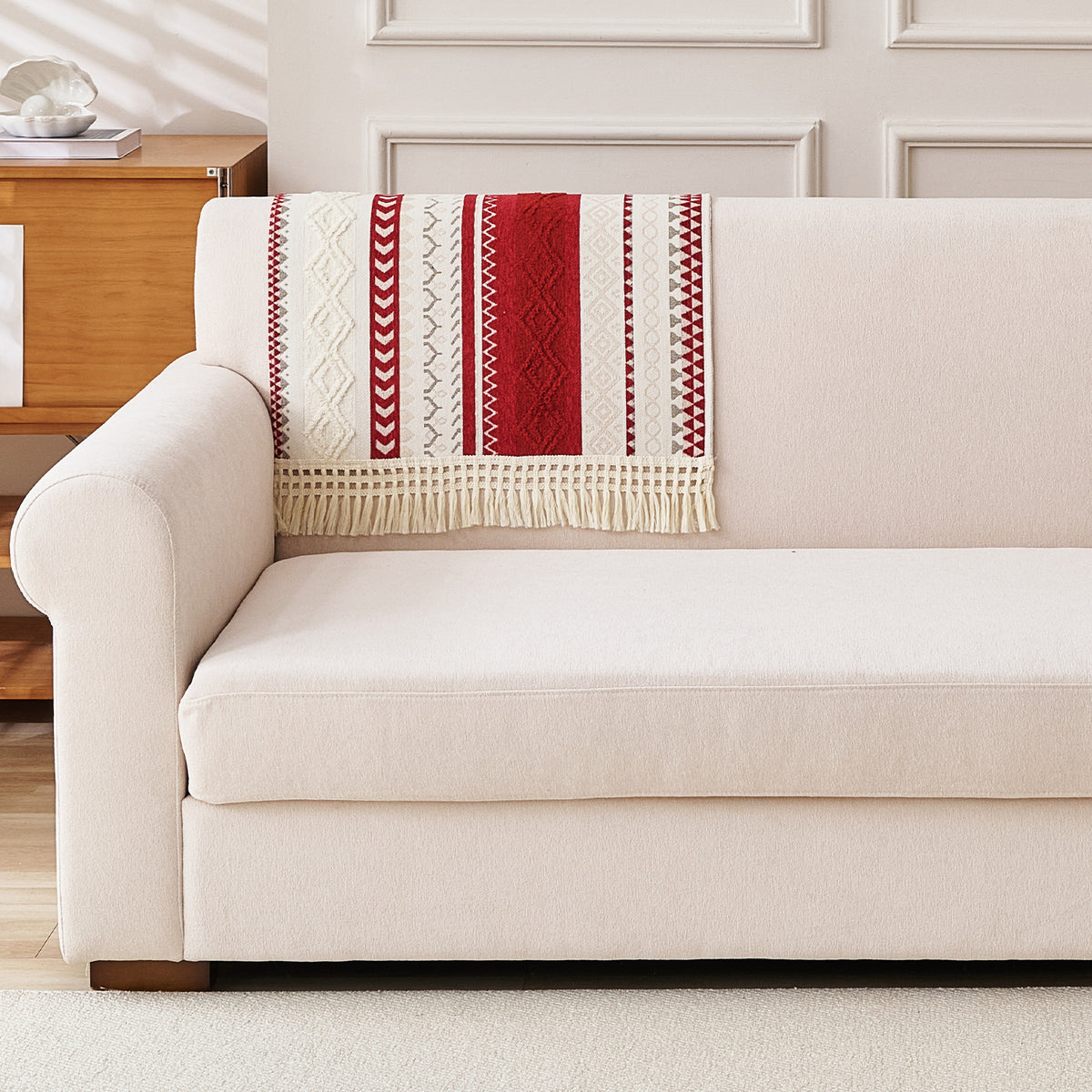 Nordic Boho Geometric Sofa Cover Mat with Tassel, 'Nordic Tassel Series'  Ruby Cream