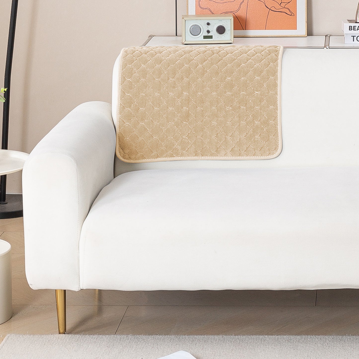 Diamond Plush Pebble Quilted Sofa Cover Mat, Beige