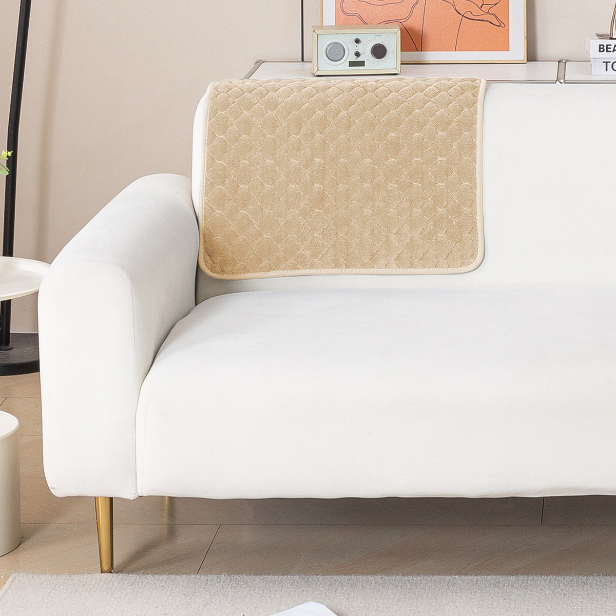 Diamond Plush Pebble Quilted Sofa Cover Mat, Beige