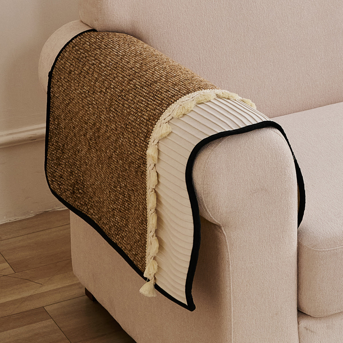 'Wavy Royale Series' Thick Woven Weave Chenille Sofa Cover with Tassel, Chestnut Brown