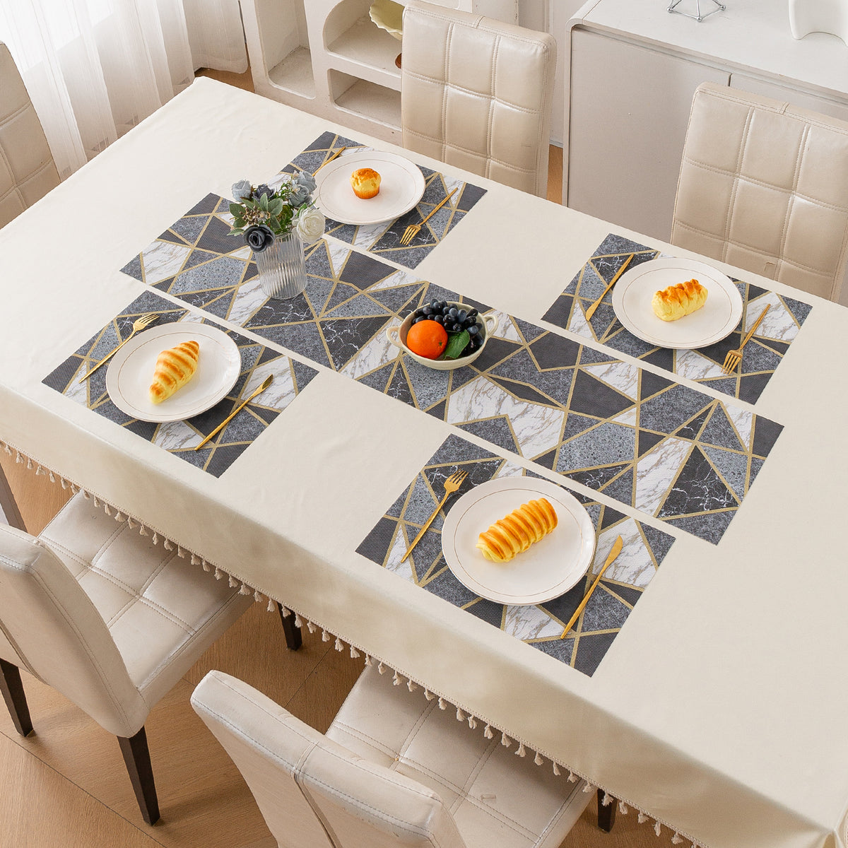 Marble Fusion PVC Mats for Dining Table, Geo Triangles - Charcoal Grey