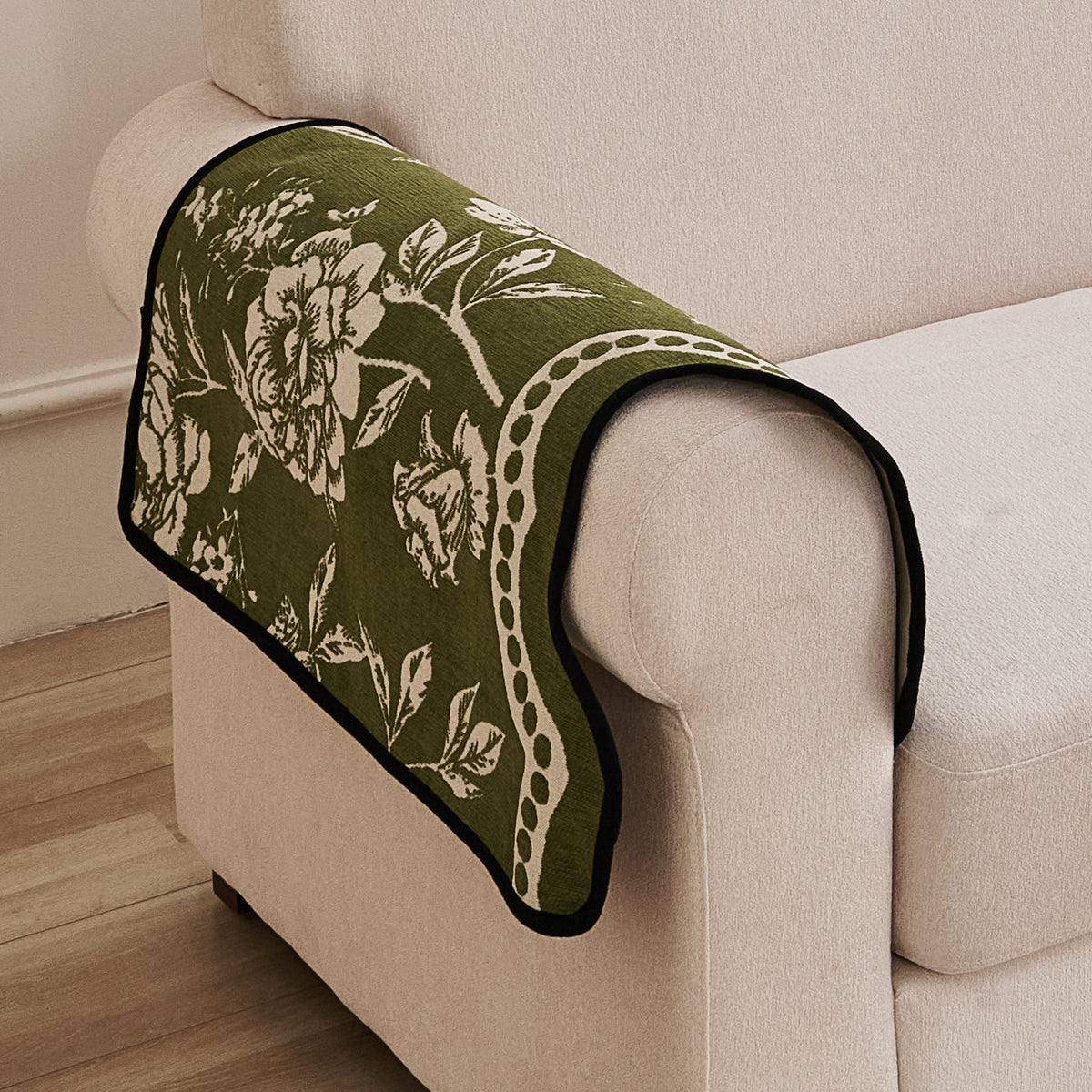 Chenille Sofa Cover Mat with Curvy Edges, 'Retro Curves Series' Sofa Mat, Olive Green