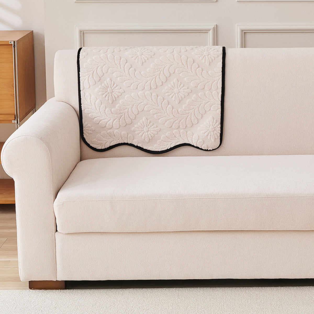 Embossed Floral Jacquard Anti-Slip Sofa Cover Mat, 'Wavy Petal Crest Series' Light Cream
