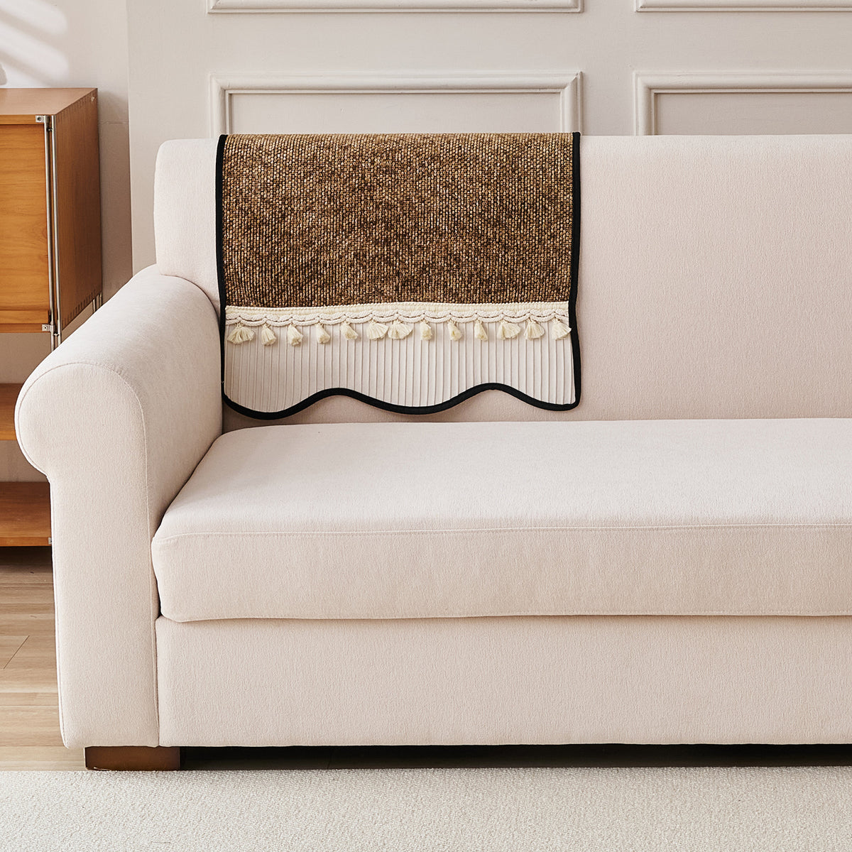 'Wavy Royale Series' Thick Woven Weave Chenille Sofa Cover with Tassel, Chestnut Brown