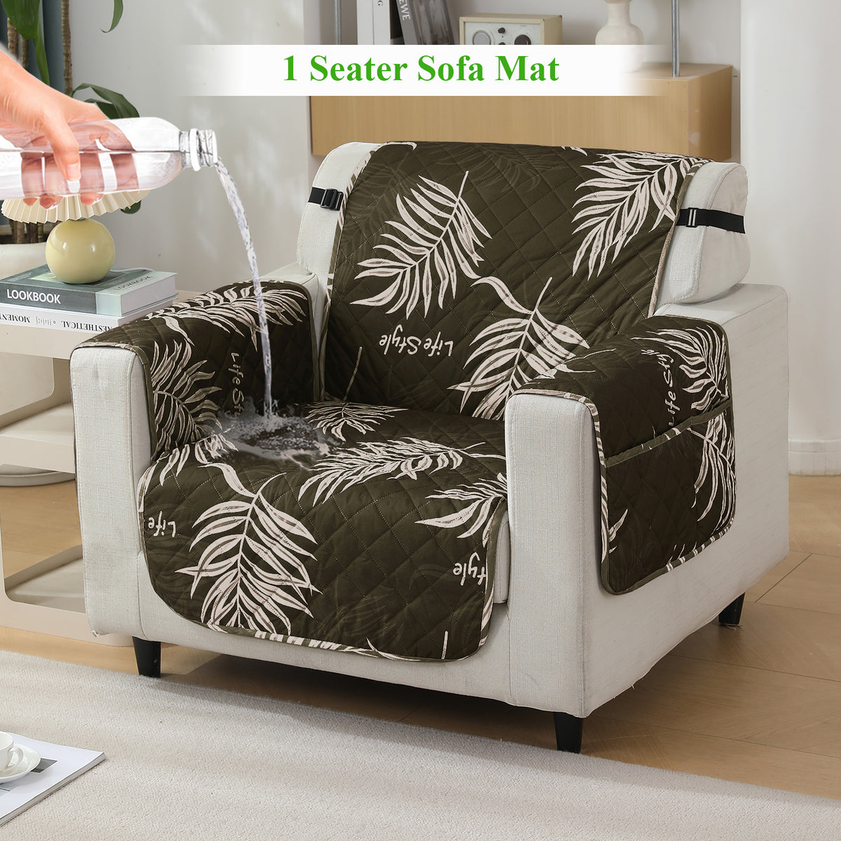 Quilted Waterproof Sofa Cover Mat with Pockets on Armrest Cover - Palm Leaves Olive