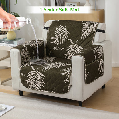 Quilted Waterproof Sofa Cover Mat with Pockets on Armrest Cover - Palm Leaves Olive