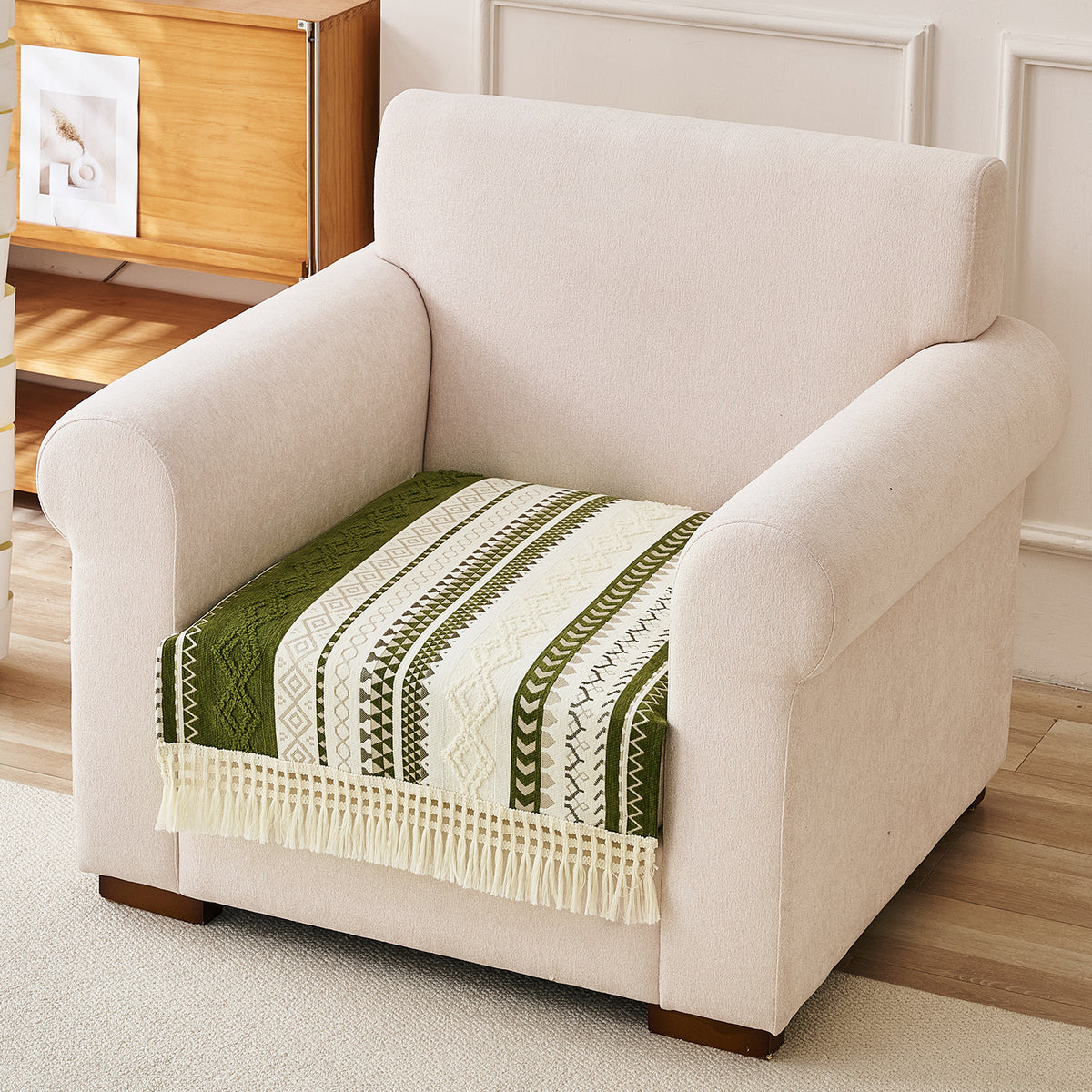 Nordic Boho Geometric Sofa Cover Mat with Tassel, 'Nordic Tassel Series'  Olive Meadow