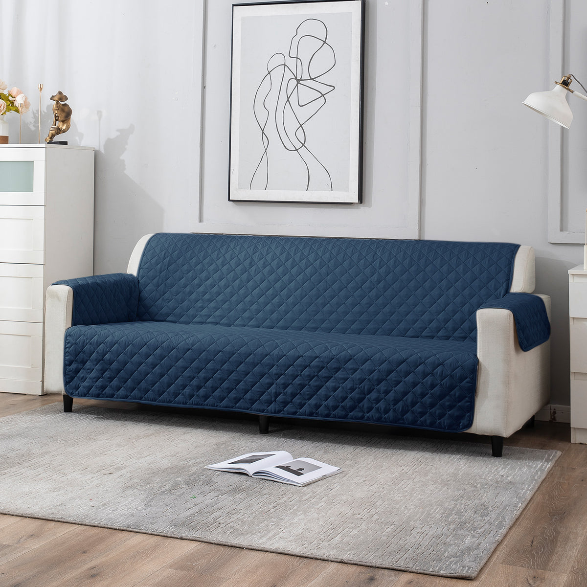 UrbanQuilt Quilted Polyester Sofa Cover Mat Pet Friendly, Navy Blue
