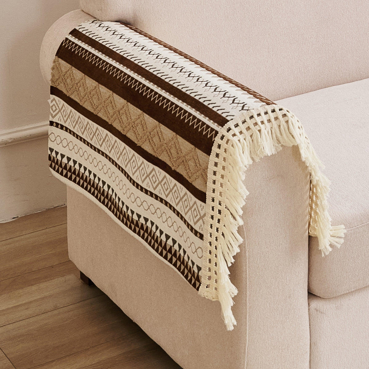 Nordic Boho Geometric Sofa Cover Mat with Tassel, 'Nordic Tassel Series'  Chocolate Brown