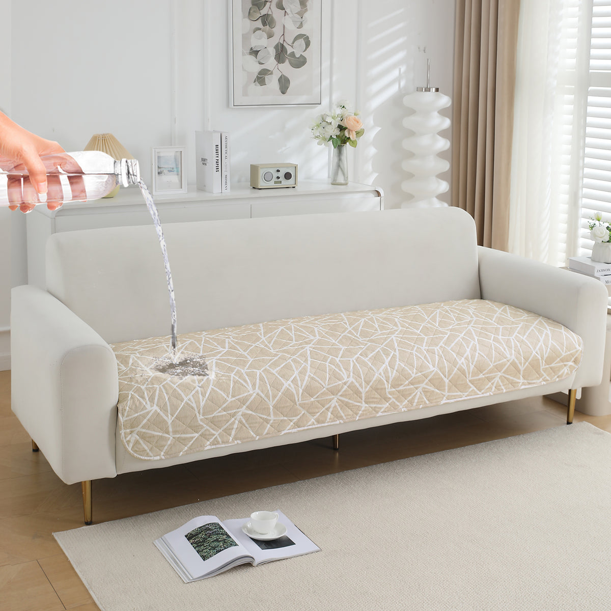 Water Repellent + Waterproof Quilted Sofa Mats, Beige Abstract Geometry
