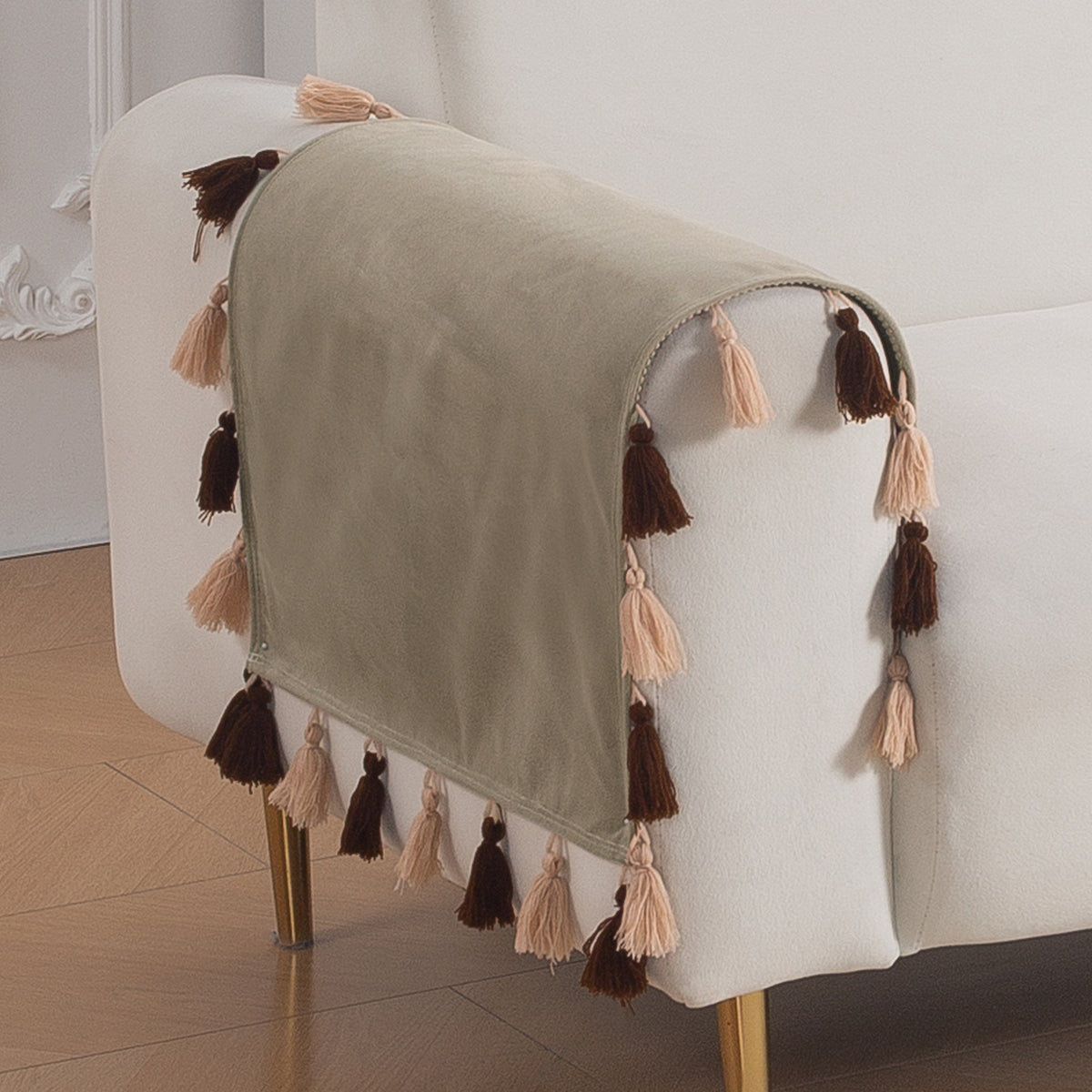 Tassel Tone Holland Velvet Sofa Cover Mat, Sand Beige