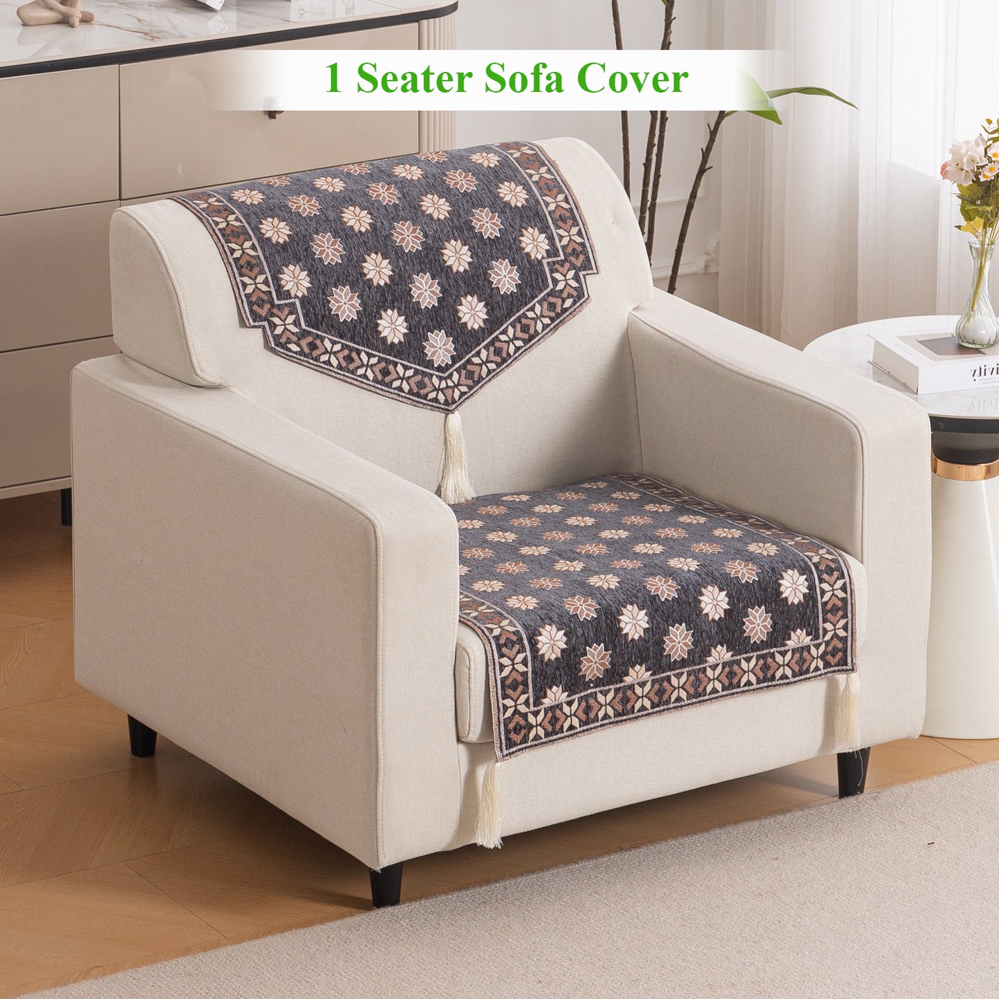 Heritage Weave Premium Jacquard Sofa Cover Set with Tassels - Graphite Grey