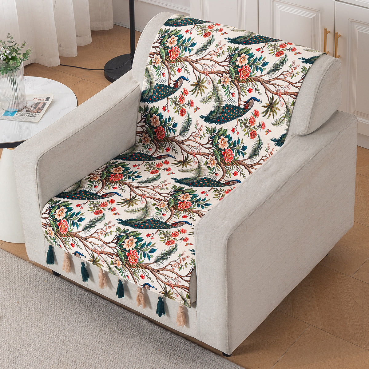 'Whispers of Nature' Series Holland Velvet Sofa Cover with Tassel, Multicolor Tropical Peacock