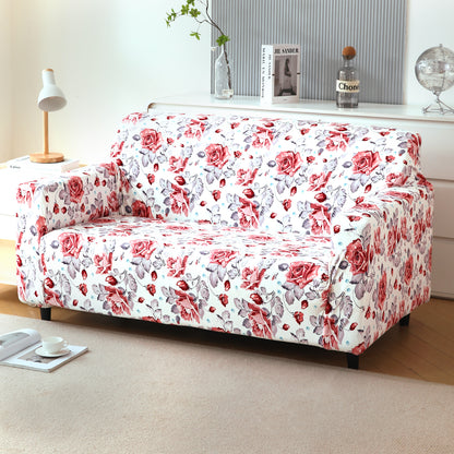 Premium Printed Velvet Sofa Cover 1/2/3 Seaters Fully Covered, Red Cottage Rose