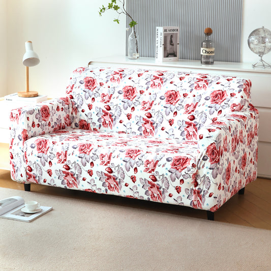 Premium Printed Velvet Sofa Cover 1/2/3 Seaters Fully Covered, Red Cottage Rose