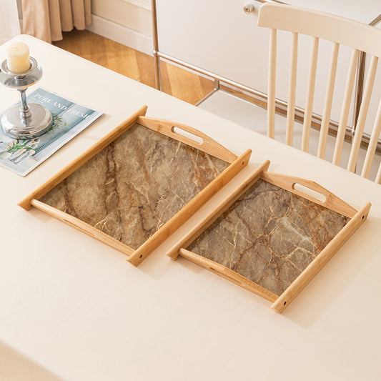 Bamboo Set of 2 Serving Trays with Handles – elegant faux marble base, Brown