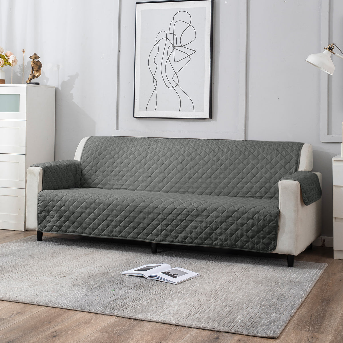 4 Seater Anchor Grey quilted sofa cover set