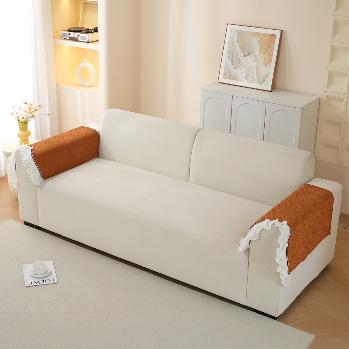 French Classic Frill Wavy Sofa Cover Mat with Curve & Lace - Copper Orange