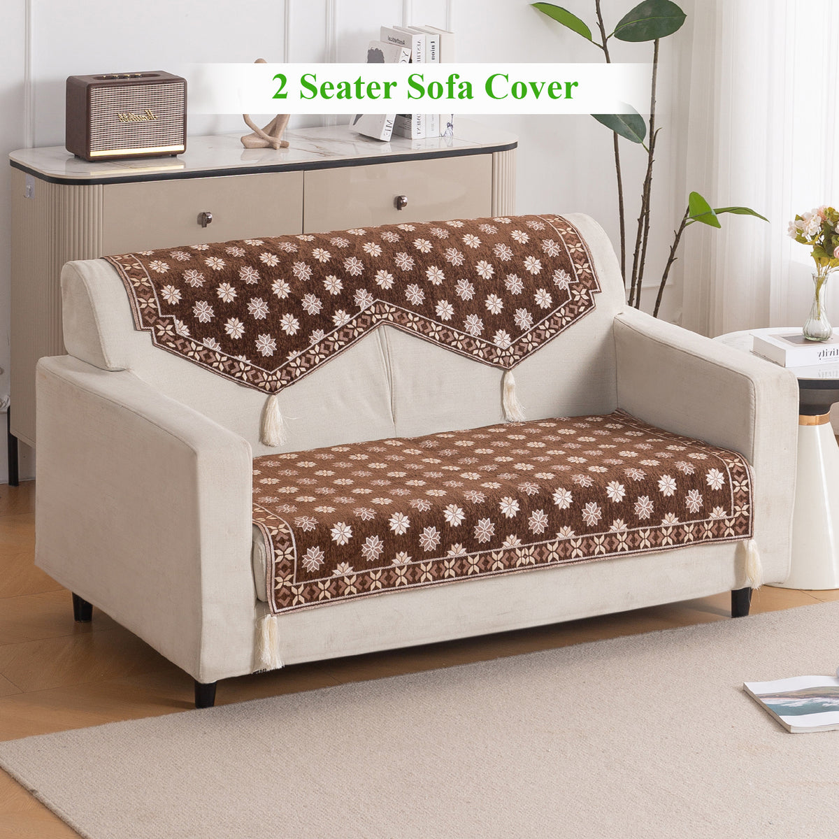 Heritage Weave Premium Jacquard Sofa Cover Set with Tassels - Russet Brown