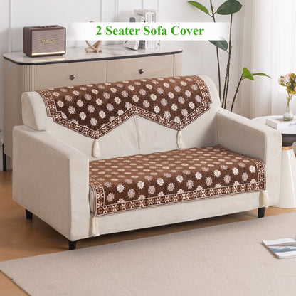Heritage Weave Premium Jacquard Sofa Cover Set with Tassels - Russet Brown