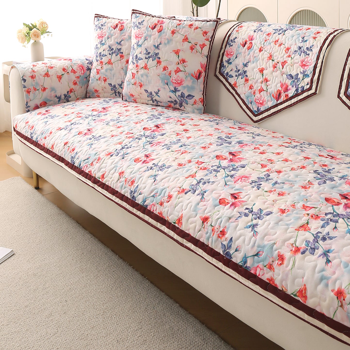 Florentina Series Premium Holland Velvet Sofa Cover Mat - Scarlet Rose Ivory