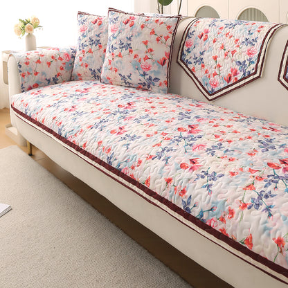 Florentina Series Premium Holland Velvet Sofa Cover Mat - Scarlet Rose Ivory