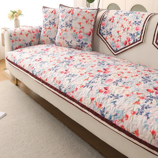 Florentina Series Premium Holland Velvet Sofa Cover Mat - Scarlet Rose Ivory