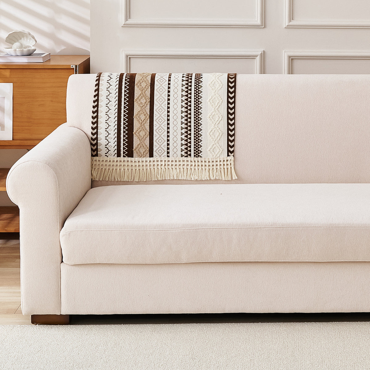 Nordic Boho Geometric Sofa Cover Mat with Tassel, 'Nordic Tassel Series'  Chocolate Brown