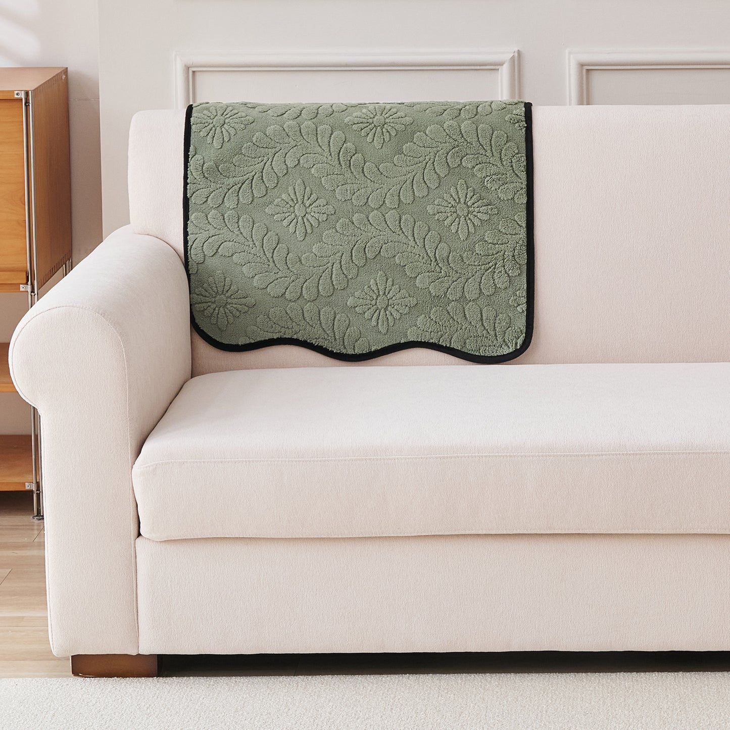 Embossed Floral Jacquard Anti-Slip Sofa Cover Mat, 'Wavy Petal Crest Series' Sage Green