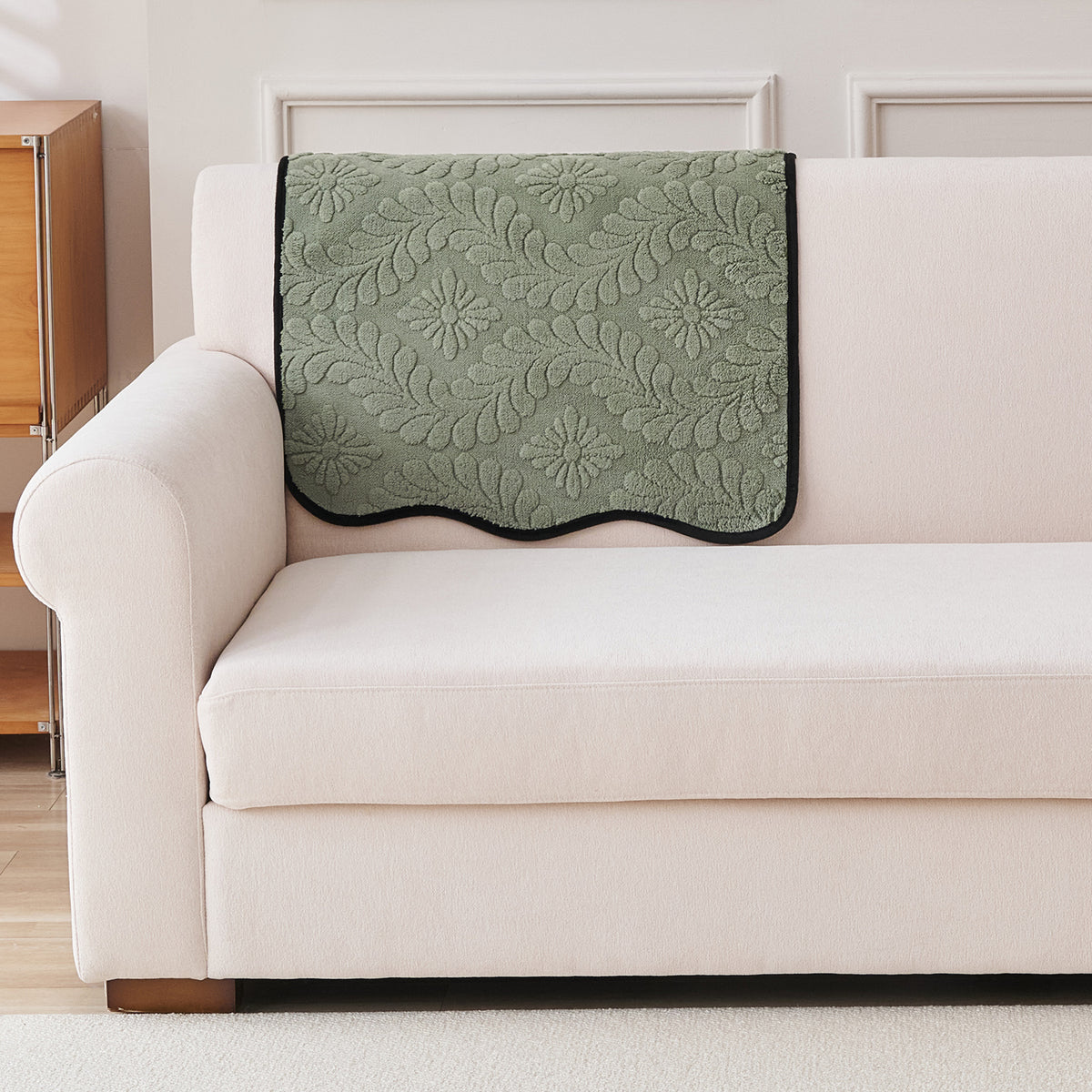 Embossed Floral Jacquard Anti-Slip Sofa Cover Mat, 'Wavy Petal Crest Series' Sage Green