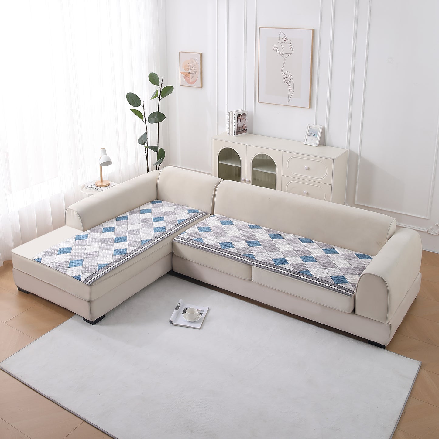 LiefNest Printed Holland Velvet L Shape Sofa Seat Mat with Foam Filling - Diamond Slate Grey Blue
