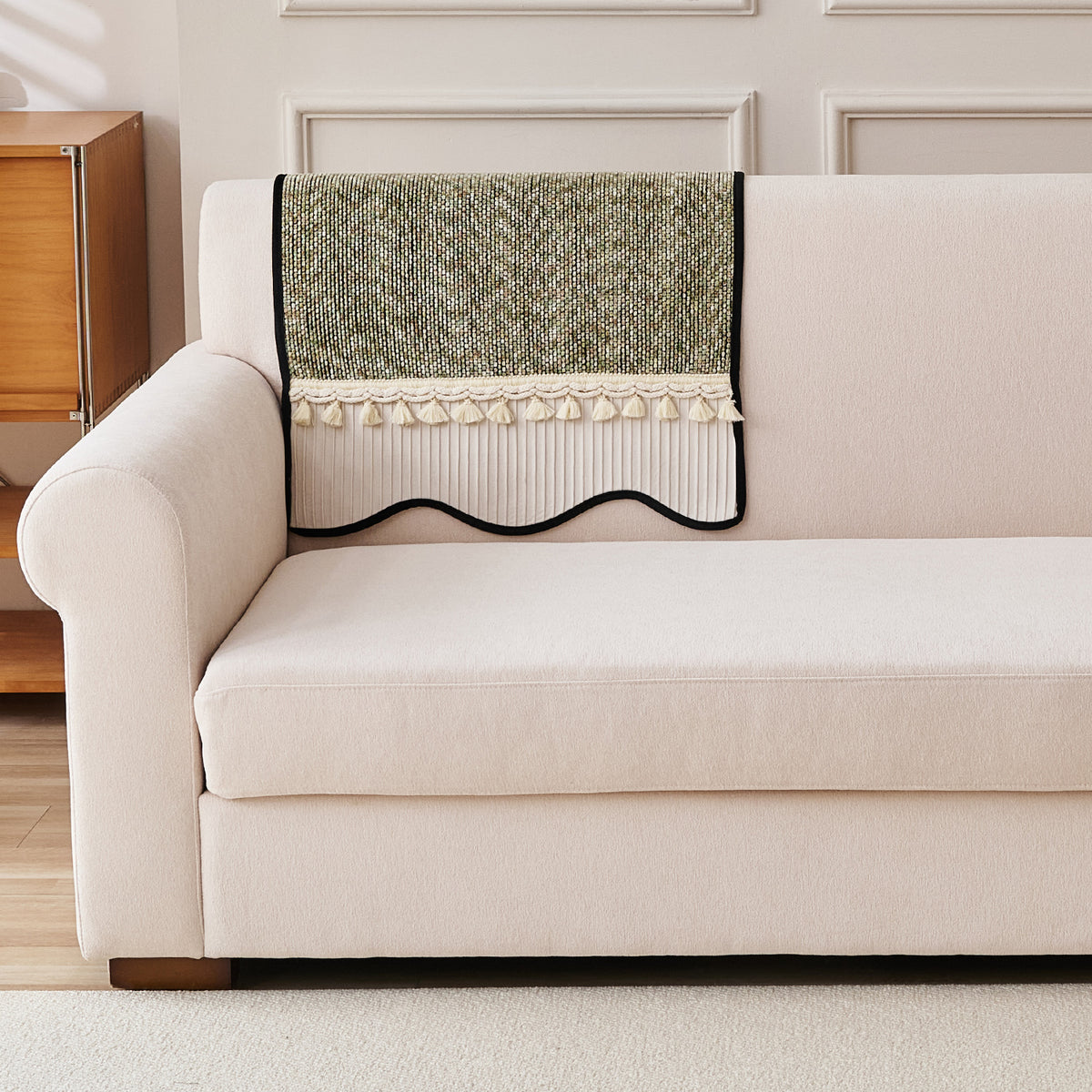 'Wavy Royale Series' Thick Woven Weave Chenille Sofa Cover with Tassel, Sage Green