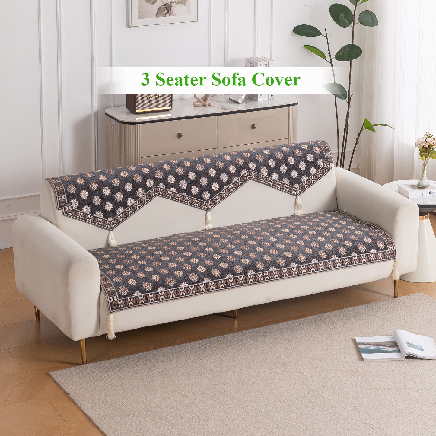 Heritage Weave Premium Jacquard Sofa Cover Set with Tassels - Graphite Grey