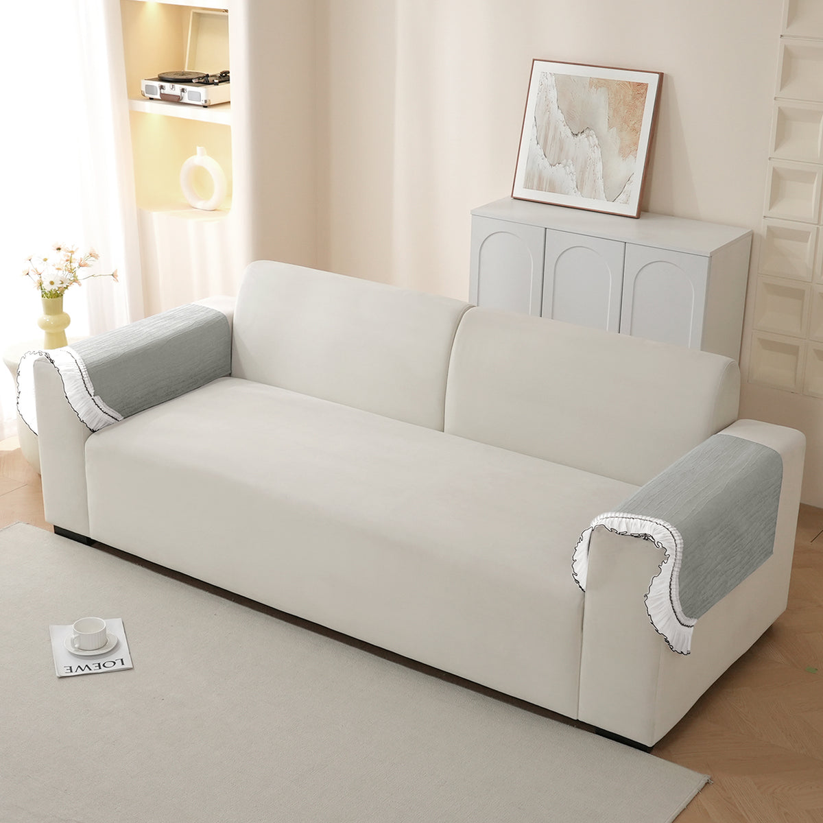 French Lace & Luxe with White Ruffle Edge Sofa Cover Mat, Featherlight Grey - view 15