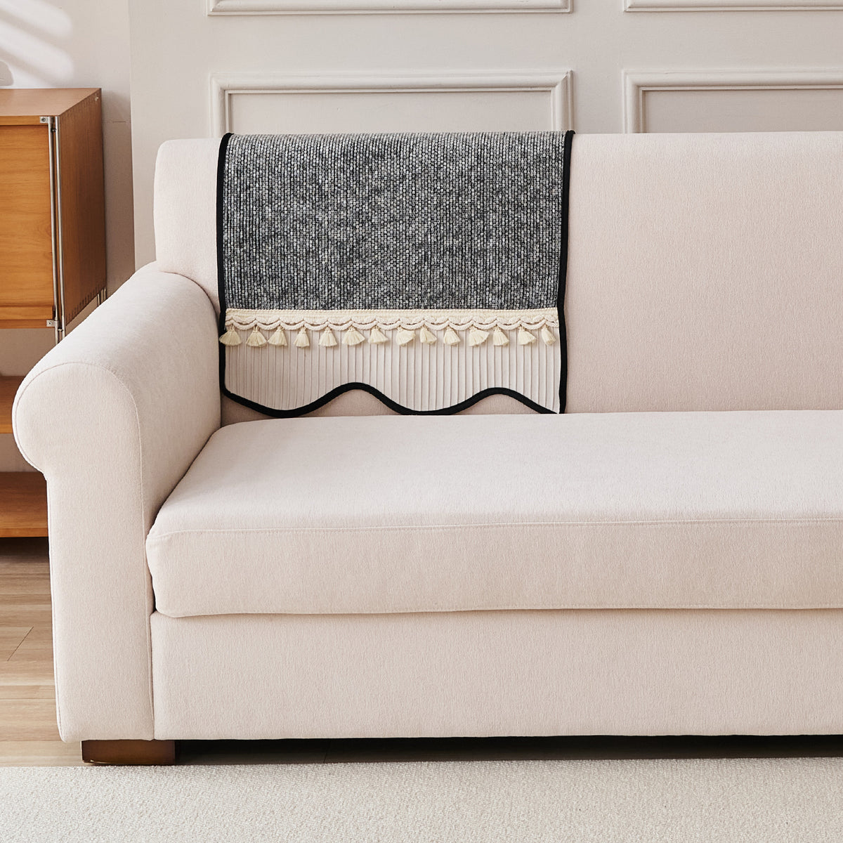 'Wavy Royale Series' Thick Woven Weave Chenille Sofa Cover with Tassel, Moon Grey