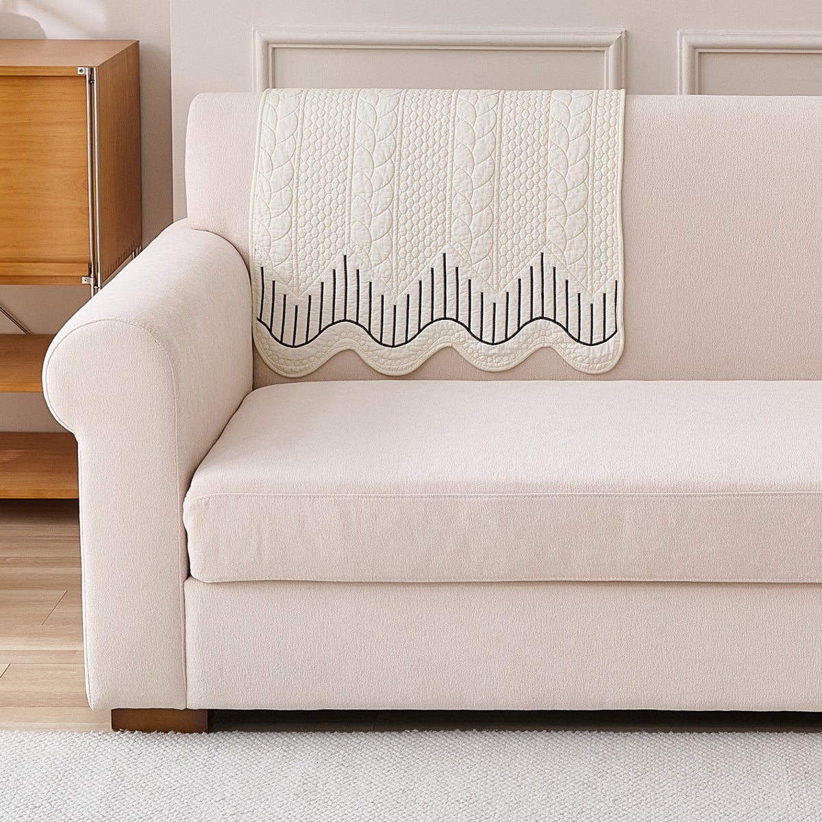 Cotton Reverie with a Curved Wavy Edge Sofa Mat, Midnight Cream