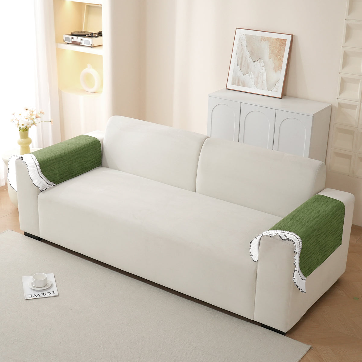 French Lace & Luxe with White Ruffle Edge Sofa Cover Mat, Willow Ash Green